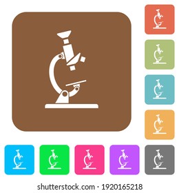 Microscope flat icons on rounded square vivid color backgrounds.