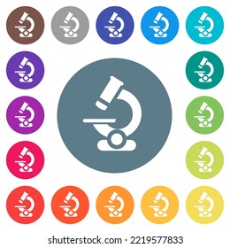 Microscope flat white icons on round color backgrounds. 17 background color variations are included.