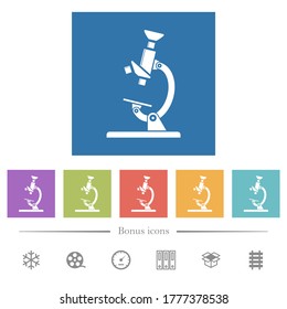 Microscope flat white icons in square backgrounds. 6 bonus icons included.