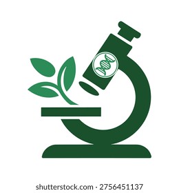 Microscope focused on a growing plant, with a DNA helix symbol visible on lens area. Represents genetic research, botany, biotechnology, and scientific exploration of nature. Ideal for laboratories, educational materials, or scientific publications. Detailed vector.