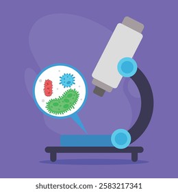 Microscope focused on slide containing various microorganisms. Exploration of bacteria and other tiny life forms concept