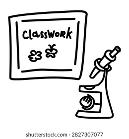 Microscope and a framed board with the text “Classwork”. Hand-drawn set of isolated vector elements. Illustration of science class objects. Biology and chemistry themed design