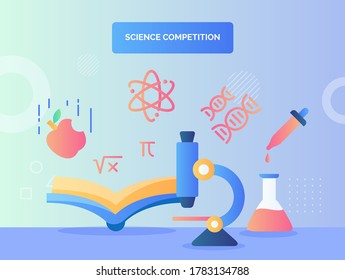 Microscope in front open book pipette tube chemical background of dna atom icon apple bitten fall science competition with flat style.