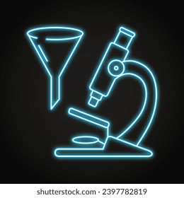Icono de neón de microscopio y embudo. Muestreo de aceptación, inspección de muestras. Ilustración del vector