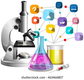 Microscope and glass beakers illustration