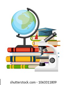Microscope and globe on the books. Study concept for schools, colleges and universities. Cartoon style design. Vector illustration on white background.
