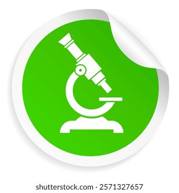 Microscope green label, lab research vector icon isolated on white background. Abstract flat illustration of microscope science tool, web design element.