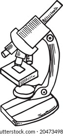 Microscope hand drawn vector doodle illustration. Cartoon microscope. Isolated on white background. Hand drawn simple science element