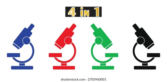 Ícone de microscópio 4 em 1 conjunto, símbolo de pesquisa de laboratório de ciência