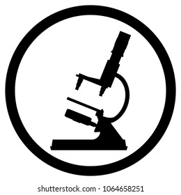 Microscope icon black white. Microscope equipment isolated, microscope icon monochrome round, vector illustration