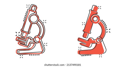 Microscope icon in comic style. Laboratory magnifier cartoon vector illustration on isolated background. Biology instrument splash effect sign business concept.