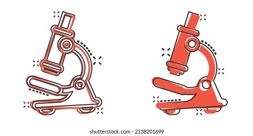 Microscope icon in comic style. Laboratory magnifier cartoon vector illustration on isolated background. Biology instrument splash effect sign business concept.