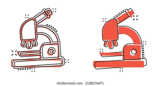 Microscope icon in comic style. Laboratory magnifier cartoon vector illustration on isolated background. Biology instrument splash effect sign business concept.