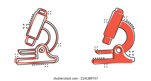 Microscope icon in comic style. Laboratory magnifier cartoon vector illustration on isolated background. Biology instrument splash effect sign business concept.