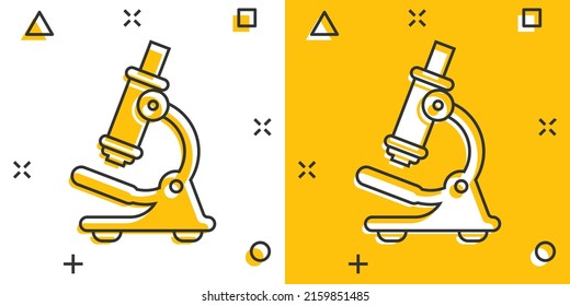 Microscope icon in comic style. Laboratory magnifier cartoon vector illustration on isolated background. Biology instrument splash effect sign business concept.