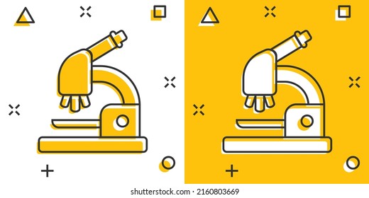 Microscope icon in comic style. Laboratory magnifier cartoon vector illustration on isolated background. Biology instrument splash effect sign business concept.