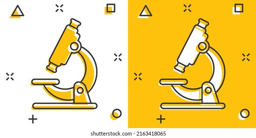 Microscope icon in comic style. Laboratory magnifier cartoon vector illustration on isolated background. Biology instrument splash effect sign business concept.