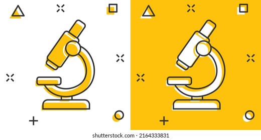 Microscope icon in comic style. Laboratory magnifier cartoon vector illustration on isolated background. Biology instrument splash effect sign business concept.