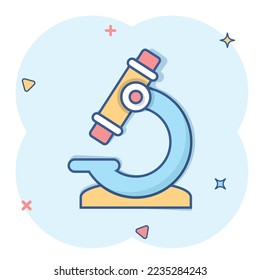 Microscope icon in comic style. Laboratory magnifier cartoon vector illustration on isolated background. Biology instrument splash effect sign business concept.