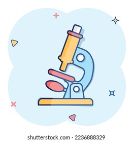 Microscope icon in comic style. Laboratory magnifier cartoon vector illustration on isolated background. Biology instrument splash effect sign business concept.