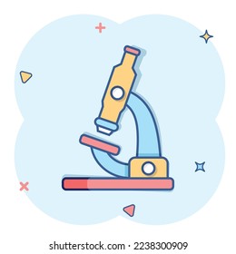 Microscope icon in comic style. Laboratory magnifier cartoon vector illustration on isolated background. Biology instrument splash effect sign business concept.