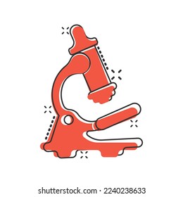 Microscope icon in comic style. Laboratory magnifier cartoon vector illustration on isolated background. Biology instrument splash effect sign business concept.