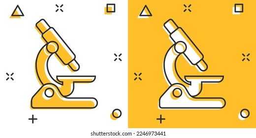 Icono de microscopio con estilo de cómic. Dibujo vectorial de caricatura de magnificación de laboratorio sobre fondo aislado. El efecto de salpicadura del instrumento de biología indica el concepto de negocio.