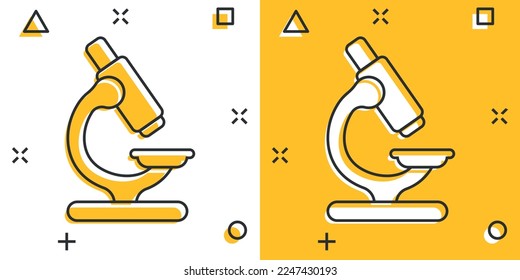 Microscope icon in comic style. Laboratory magnifier cartoon vector illustration on isolated background. Biology instrument splash effect sign business concept.
