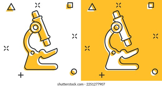 Icono de microscopio con estilo de cómic. Dibujo vectorial de caricatura de magnificación de laboratorio sobre fondo aislado. El efecto de salpicadura del instrumento de biología indica el concepto de negocio.