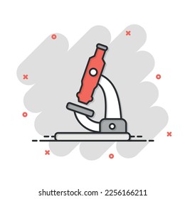 Microscope icon in comic style. Laboratory magnifier cartoon vector illustration on isolated background. Biology instrument splash effect sign business concept.
