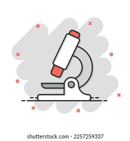 Microscope icon in comic style. Laboratory magnifier cartoon vector illustration on isolated background. Biology instrument splash effect sign business concept.