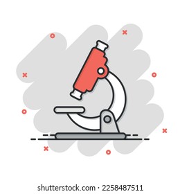 Microscope icon in comic style. Laboratory magnifier cartoon vector illustration on isolated background. Biology instrument splash effect sign business concept.