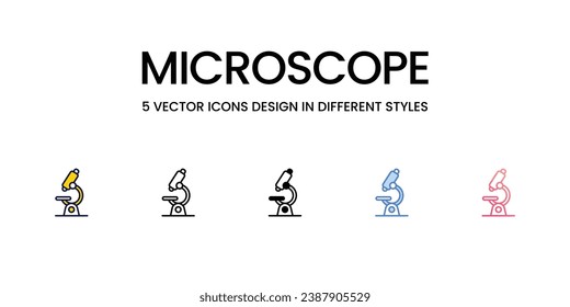 Microscope Icon Design in Five style with Editable Stroke. Line, Solid, Flat Line, Duo Tone Color, and Color Gradient Line. Suitable for Web Page, Mobile App, UI, UX and GUI design.