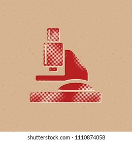 Microscope icon in halftone style. Grunge background vector illustration.