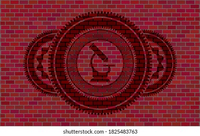 microscope icon inside brick wall realistic badge. Tiles handsome background. Vector illustration. 