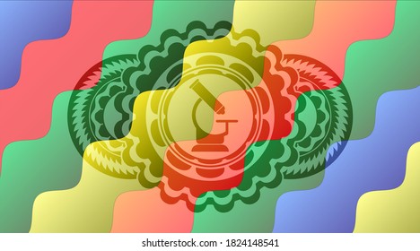 icono del microscopio dentro de la placa de caramelo de color. Curvado fondo de moda. Ilustración intensa. 