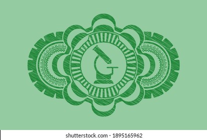 microscope icon inside Green stroke realistic badge. Eco chic background. Intense illustration. 