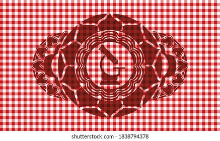 microscope icon inside red checkered tablecloth badge. Restaurant exquisite background. Intense illustration. 