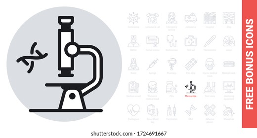Microscope icon. Laboratory equipment concept. Simple black and white version. Free bonus icons kit included