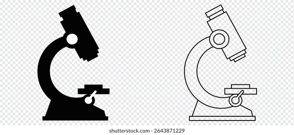 ícone do microscópio, arte de linha de microscópio perfeito para logotipos e ícones do microscópio. vetor de silhueta preta do microscópio, 