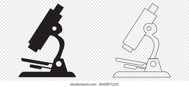 ícone do microscópio, arte de linha de microscópio perfeito para logotipos e ícones do microscópio. vetor de silhueta preta do microscópio, 