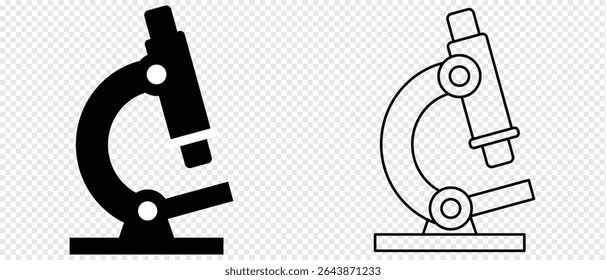 ícone do microscópio, arte de linha de microscópio perfeito para logotipos e ícones do microscópio. vetor de silhueta preta do microscópio, 