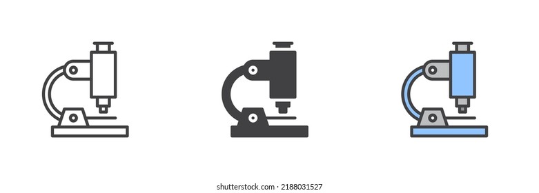 Icono del microscopio. Línea, glifo y contorno relleno versión colorida, contorno y signo vectorial relleno. Símbolo, ilustración del logotipo. Conjunto de iconos de estilo diferente. Gráficos vectoriales