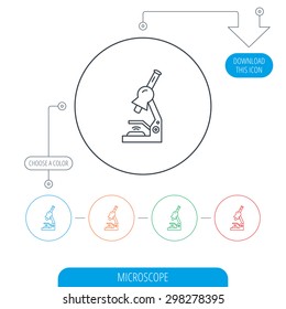 Microscope Icon. Medical Laboratory Equipment Sign. Pathology Or Scientific Symbol. Line Circle Buttons. Download Arrow Symbol. Vector