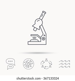 Microscope Icon. Medical Laboratory Equipment Sign. Pathology Or Scientific Symbol. Global Connect Network, Ocean Wave And Chat Dialog Icons. Teamwork Symbol.