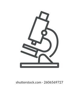 Microscope Icon. Minimal Line Illustration of Optical Instrument for Scientific Research, Laboratory Testing, Microbiology, and Medical Diagnostics.