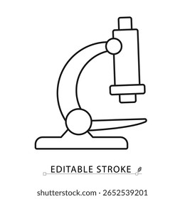 A microscope icon in minimalist style with editable stroke. Scientific instrument, biology tool, laboratory equipment, sample analysis, micro research, outline vector illustration.