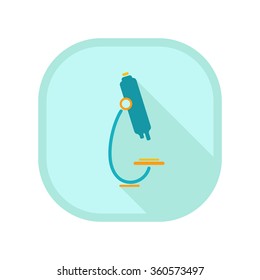 Microscope icon on blue square with long shadow effect. Isolated on white background. Flat style trendy modern vector illustration