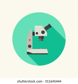 Microscope icon on round green background. Flat vector icon