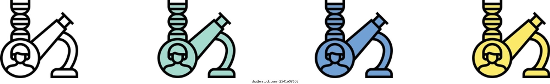 Mikroskopsymbol. Kontur, Design im grünen, blauen und gelben Stil einzeln auf weißem Hintergrund